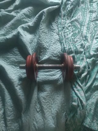 Pesas de gimnasio con discos rojos