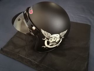 Casco Moto Jet Nero con Visiera e Grafica Teschio