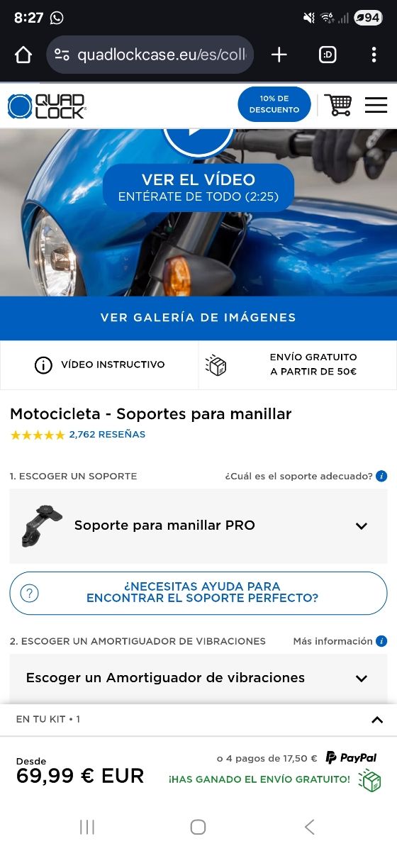 Soporte Manillar Quad Lock PRO.  Nuevo a estrenar.