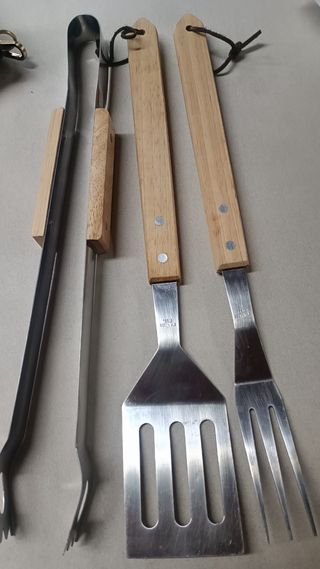 Set 3 Pezzi Barbecue Acciaio e Legno