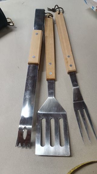 Set 3 Pezzi Barbecue Acciaio e Legno