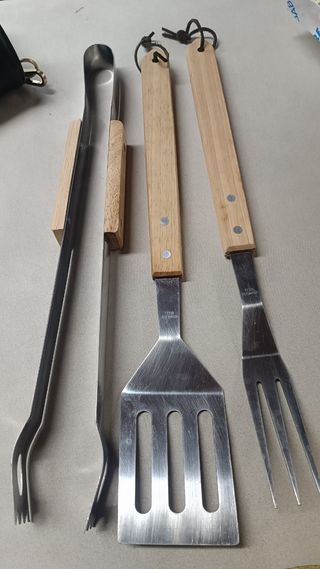 Set 3 Pezzi Barbecue Acciaio e Legno