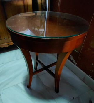 Mesa auxiliar vintage redonda madera con cristal