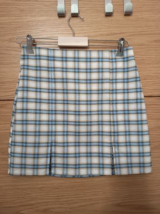 Falda de cuadros beige, amarillo y azul. Talla S