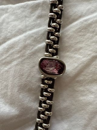 Pulsera Plata y Cuero Piedra Rosa Uno de 50