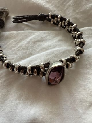 Pulsera Plata y Cuero Piedra Rosa Uno de 50