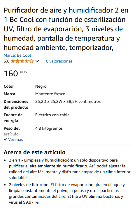 Purificatore e umidificatore nero Be Cool 2 in 1