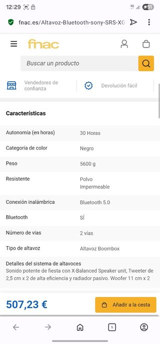 Altavoz Bluetooth Sony SRS-XG500 Negro
