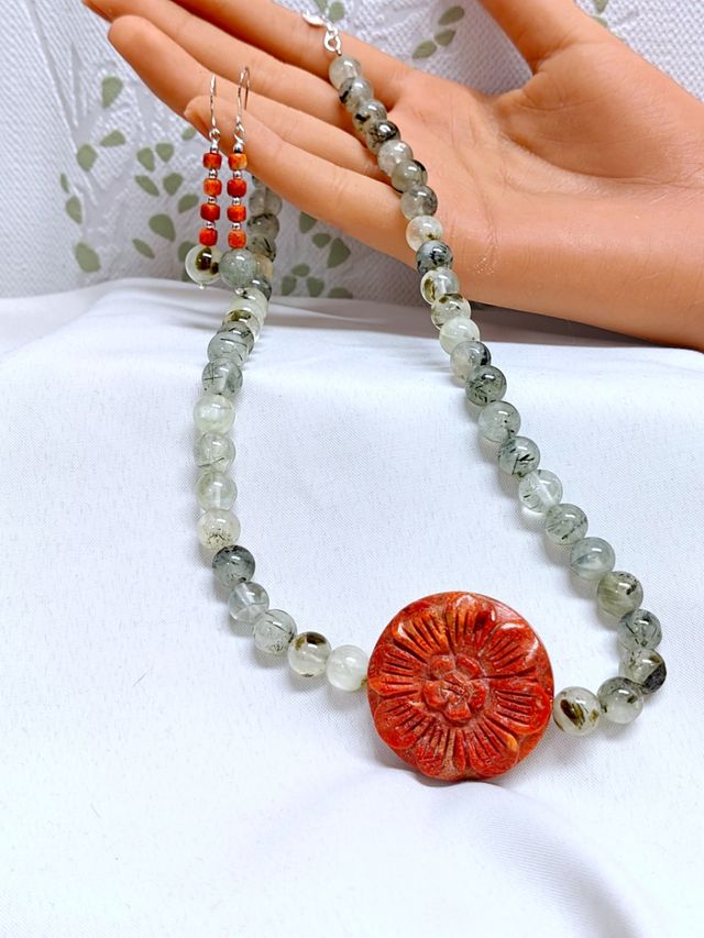 Conjunto Coral Natural y Prehnita Plata