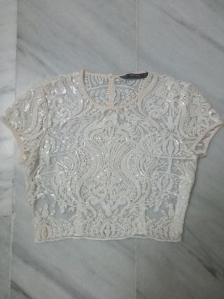 Blusa Zara lentejuelas blanco roto
