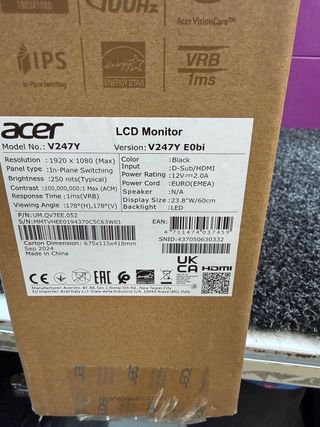 MONITOR ACER V247Y 23.8" NUEVO PRECINTADO