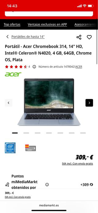 Acer Chromebook 314 Plateado, muy buenas condicion