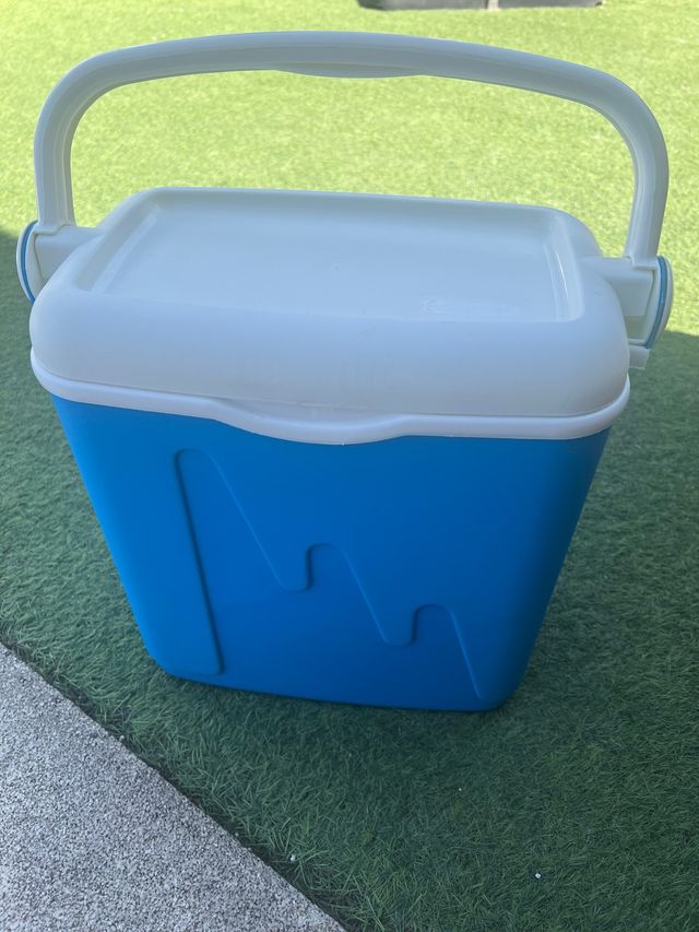 Nevera portátil azul y blanca.