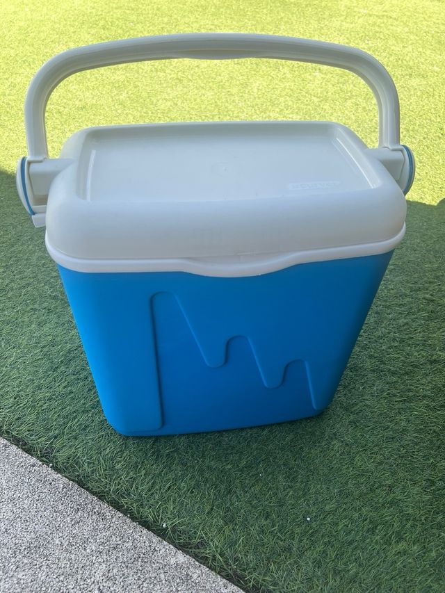 Nevera portátil azul y blanca.