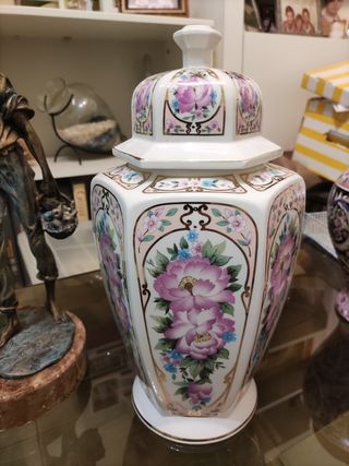 Jarrón Tibor Chino Porcelana Flores Rosas Doradas