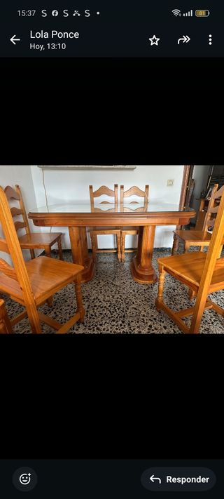 Mesa grande con cristal y 6 sillas de madera