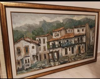 Pintura al óleo de paisaje de pueblo.