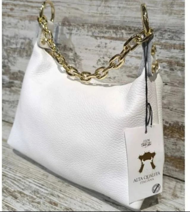 Bolso Blanco Piel Genuina Cadena Dorada