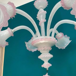 Lampadario Murano 6 Luci Bianco Rosa Vintage