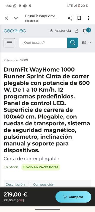 Cinta de correr 	
DrumFit WayHome 1000 Cecotec
