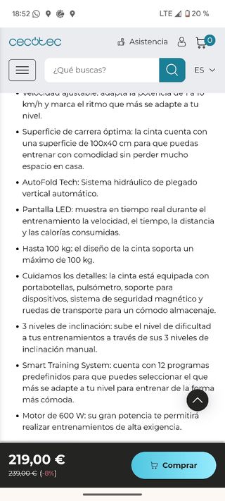 Cinta de correr 	
DrumFit WayHome 1000 Cecotec