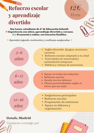 Apoyo escolar para niños/as 3-16 años