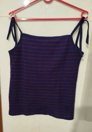 Camiseta Vintage Tirante anudado Rayas azul y rojo