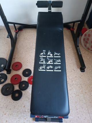 Rack 500 + banco abdominales + pesas + barra