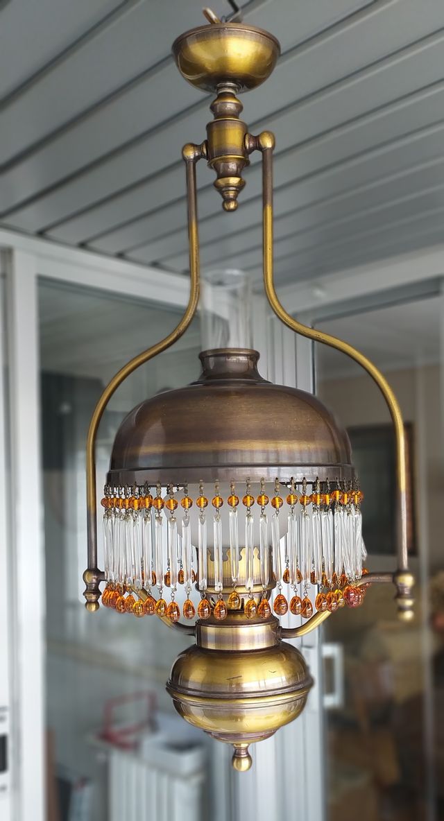 (VINTAGE-EXCELENTE) Lámpara de bronce+cristal