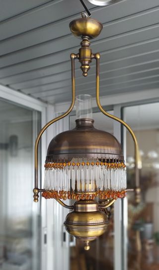 (VINTAGE-EXCELENTE) Lámpara de bronce+cristal