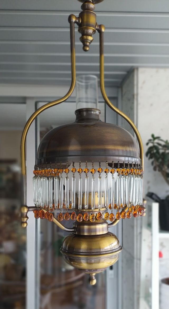 (VINTAGE-EXCELENTE) Lámpara de bronce+cristal