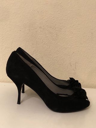 UTERQÜE - Zapatos tacón peeptoe ante negro 41
