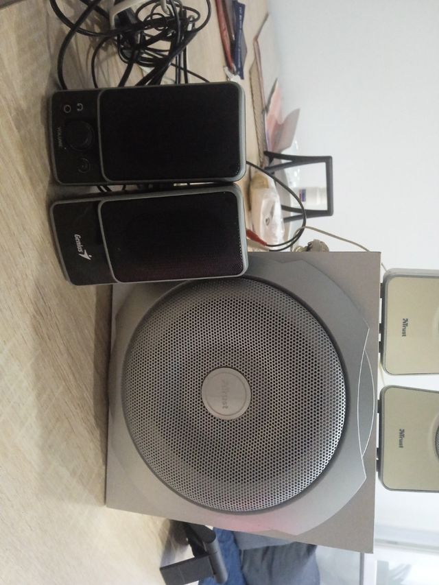 Juego de parlantes Genius negro y trust beige.