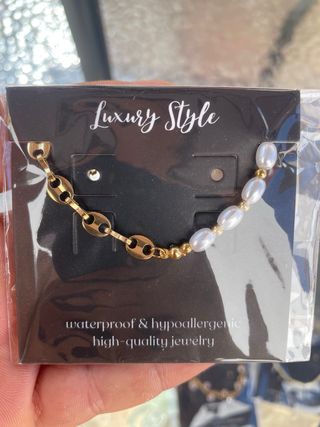 Pulsera Café y Perlas Baño Oro 18K