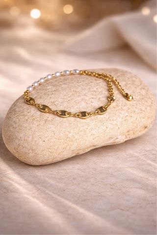 Pulsera Café y Perlas Baño Oro 18K