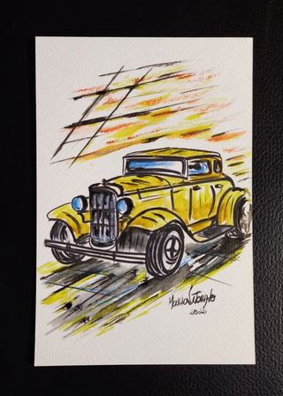 Ilustração original aguarela carro clássico