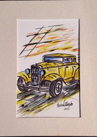 Ilustração original aguarela carro clássico