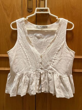 Top Zara Beige/Blanco Talla XS