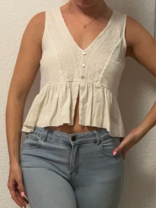 Top Zara Beige/Blanco Talla XS