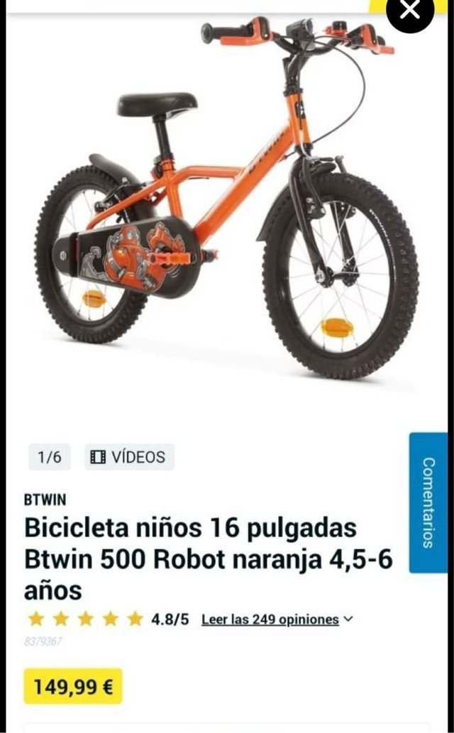 Bicicleta infantil 16 B'TWIN naranja.Casco y cesto