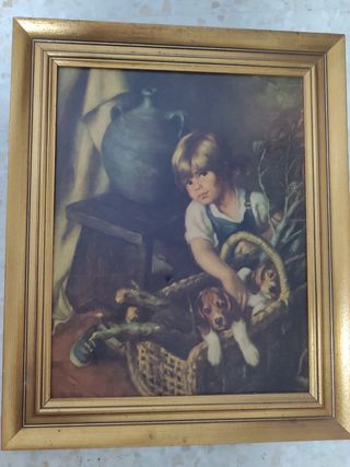 Cuadro niño con perros y jarrón