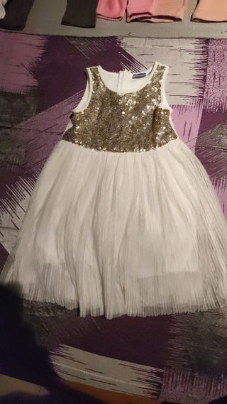 Vestido dorado y blanco con lentejuelas, 98/104 cm