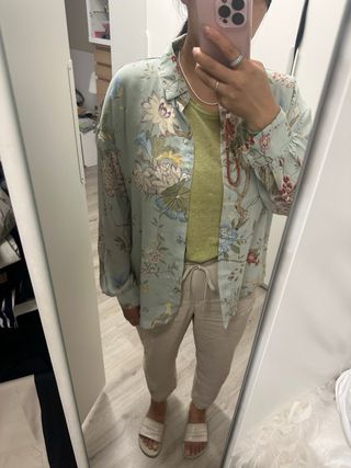 Camiseta 100%lino Mango verde manga corta mujer