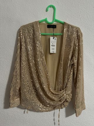 Blusa fiesta lentejuelas doradas Zara Talla S