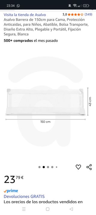Barrera de seguridad para cama Asalvo 150cm