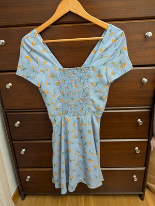 Vestido Zara azul flores naranjas