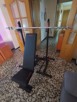 Banco de pesas mas kit de discos barra y mancuerna