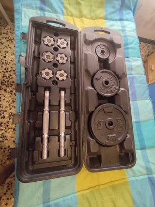 Banco de pesas mas kit de discos barra y mancuerna