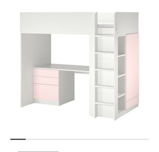 Cama alta con escritorio y armario color blan/rosa