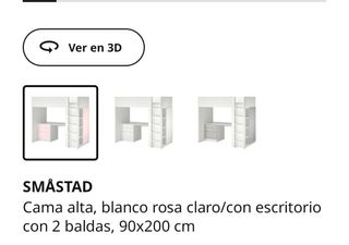 Cama alta con escritorio y armario color blan/rosa